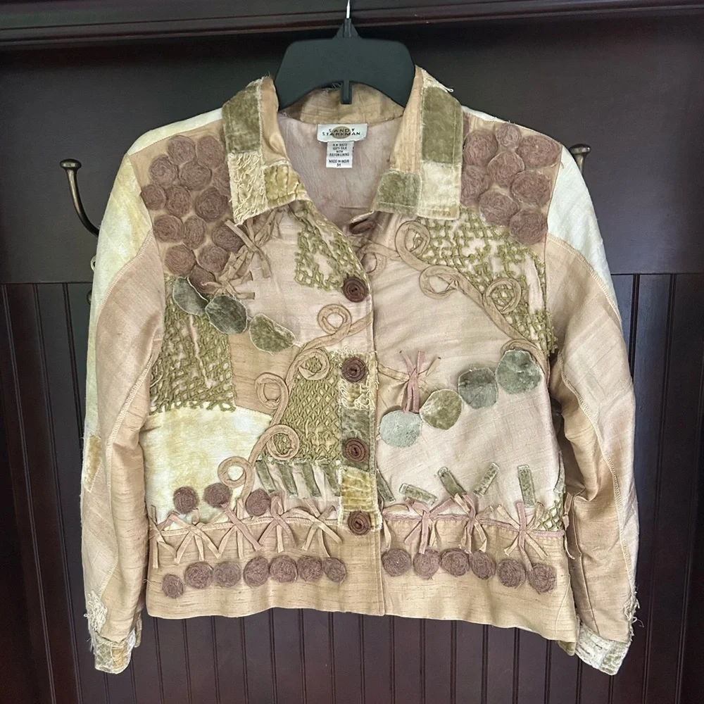 SANDY STARKMAN Silk Patchwork 3D Applique Jacket Art Wear Lagenlook Funky Size M